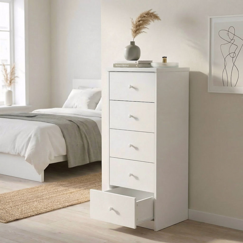 Ingrassia 5-Drawer Narrow Chest of Drawers, Tall Bedroom Furniture Storage, White