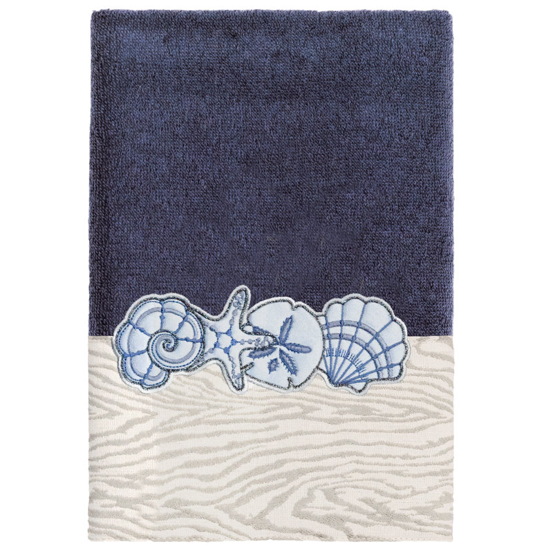 SHELL ROW 2PC Embellished Hand Towel Set 100% Turkish Cotton Hand Towel, Marine
