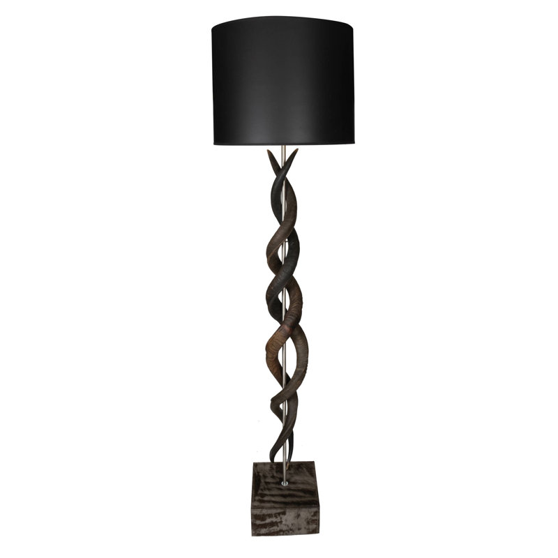 80" Natural Horn Floor Lamp - Wildebeest Hide Base - Black & Gold Paper Shade