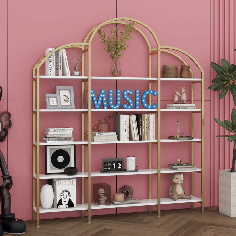 5 Tier Bookshelf With Curved Top, X Bar Gold Shelf, Arched Bookshelf With Anti-Tipping Device And Adjustable Foot Pads