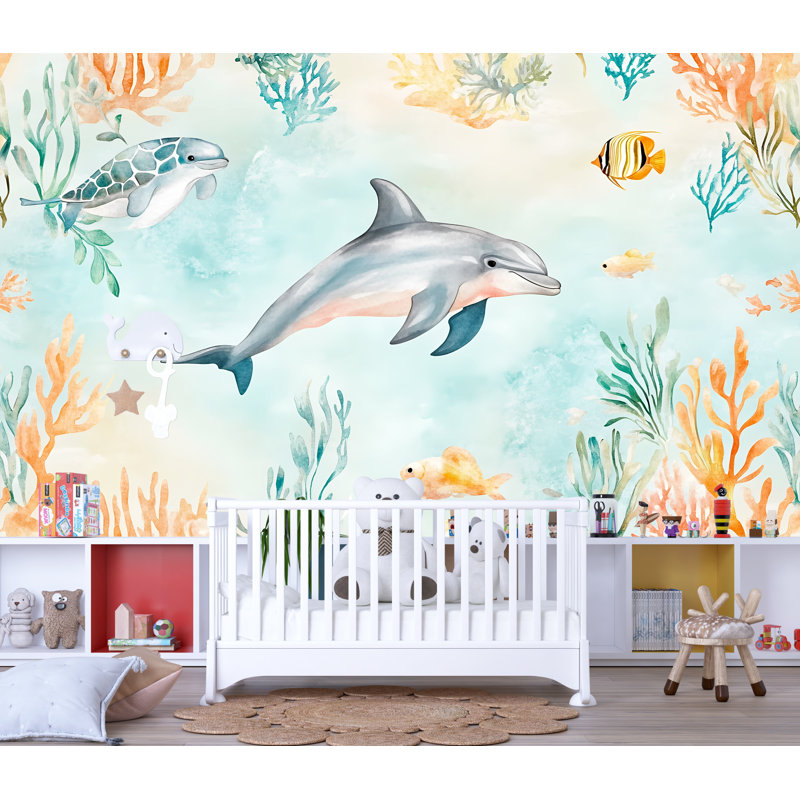 Murale dauphin - Papier peint de chambre d'enfant avec poissons et récifs coralliens, L 165 po x l 120 po
