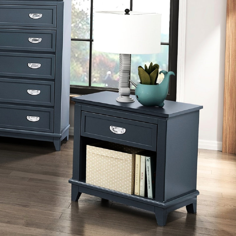 Table de chevet classique bleu marine avec tiroir de rangement et dessous, sans assemblage pour une utilisation dans la chambre à coucher de style, une poignée en nickel poli