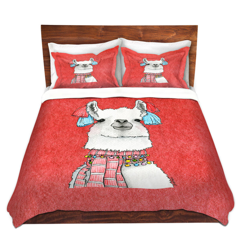 Ensemble de housse de couette écharpe llama, 1 housse de couette grand + 2 taies standards, Rouge / Blanc
