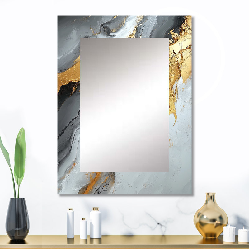 Abstract Marble In Grey And Gold Tones I - Marble Unique Wall Mirror, Modern Mirror, Printed Metal Art, 32" x 24"