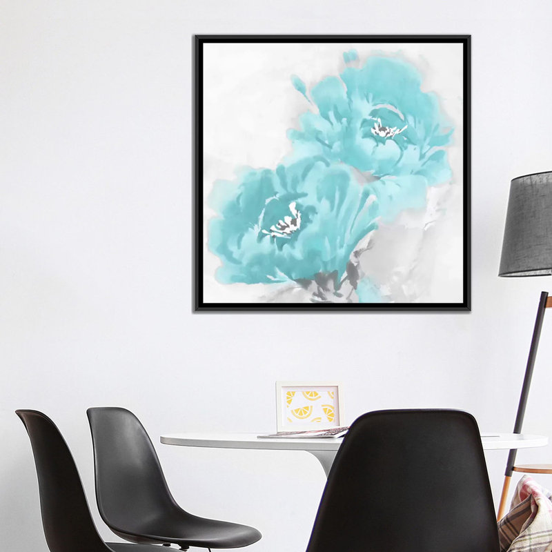 «Flower Bloom in Aqua I» par Jesse Stevens - impression sur toile tendue, H 18 po x l 18 po x p 1,5 po, Toile avec cadre noir