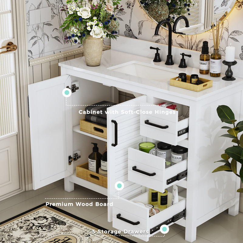 42"W Freestanding Single Bathroom Vanity With White Quartz Countertop And Louvered Doors, Pre-Assembled