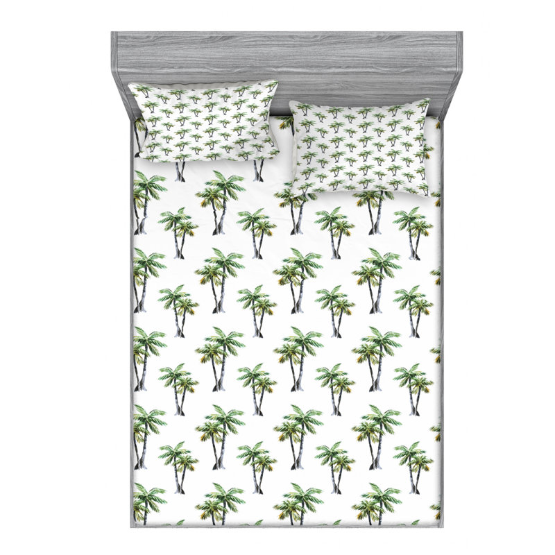 Palm Tree Microfiber Fitted Sheet, Queen Fitted Sheet with 2 Pillowcases