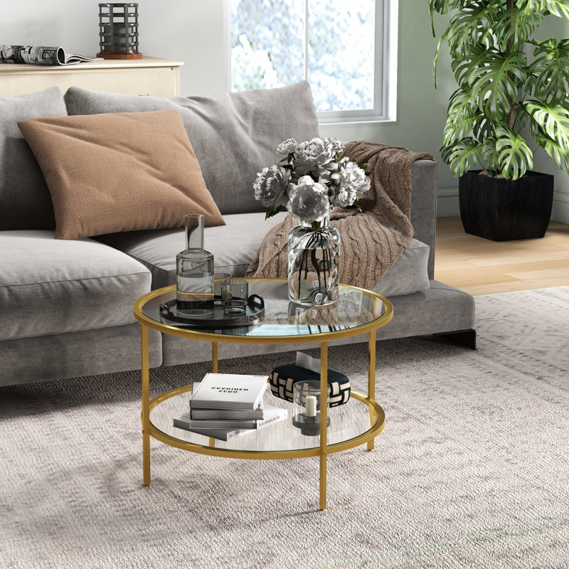 2 Tempered Glass End Table, 26" Round With Storage, Gold Living Decor Area Side Frame