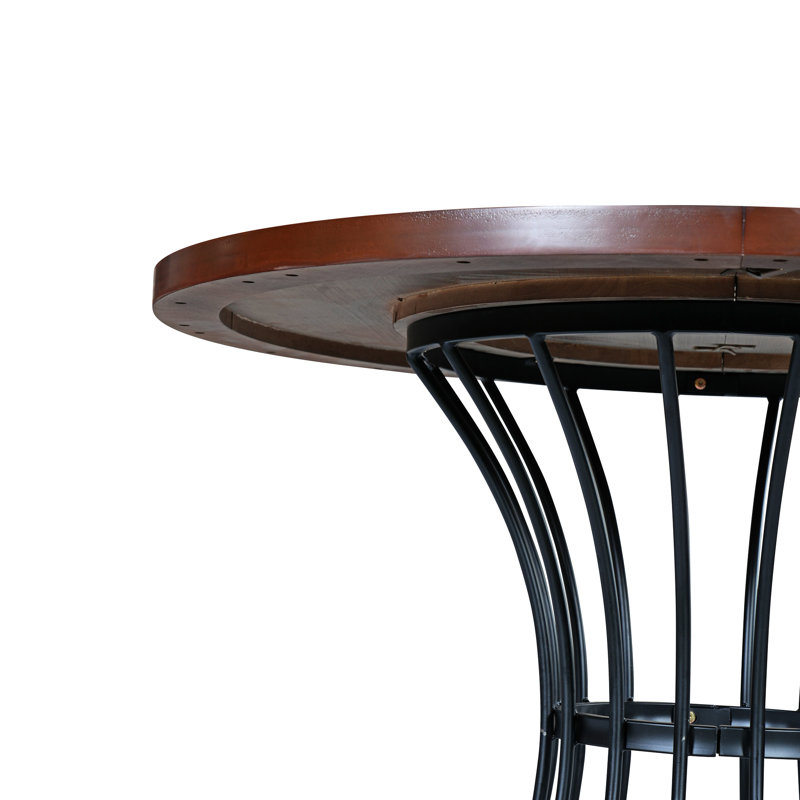Table de salle à manger de 42 pouces en placage de chêne avec des motifs de grain et une base en fer stable, idéale pour les décors modernes à surface grattée avec pieds noirs mats, cuisines ouvertes idéales