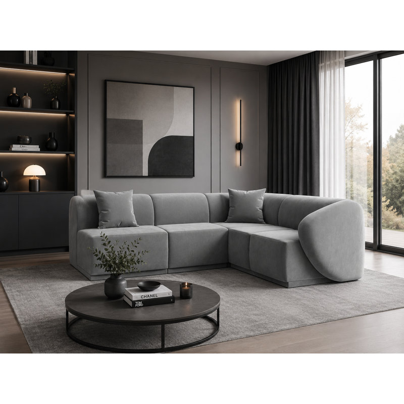 Modern Velvet Modular Sectional with Sculpted Silhouette, Grey Velvet