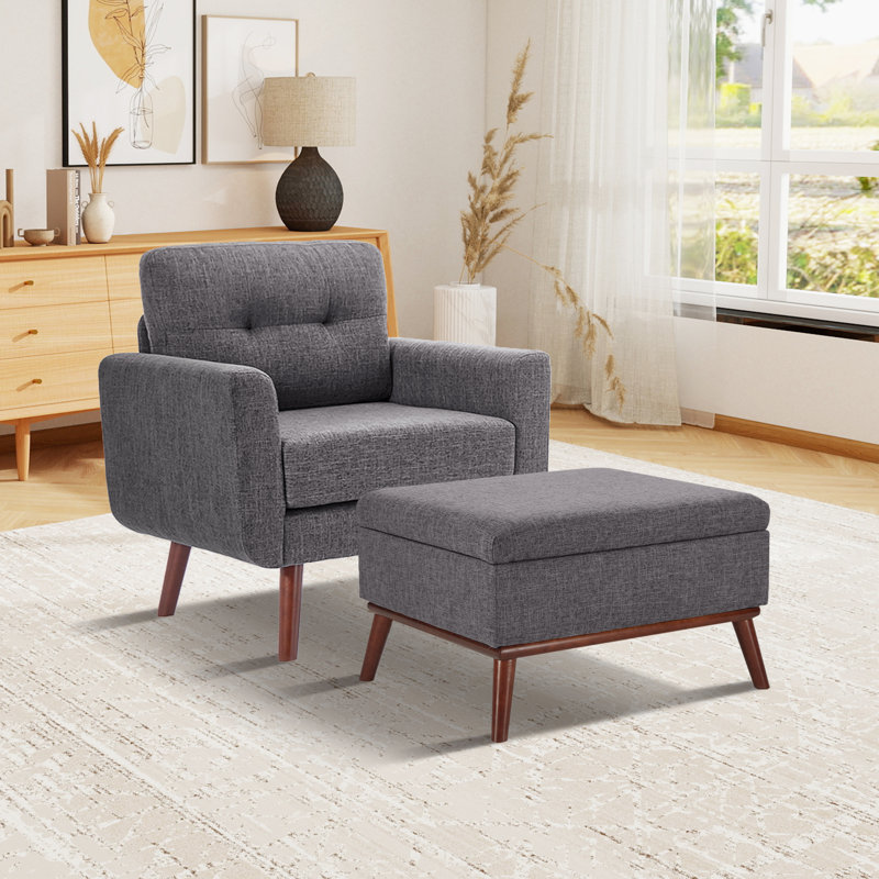 Upholstered Linen Accent Chair with Storage Ottoman Living Room Set, Gray