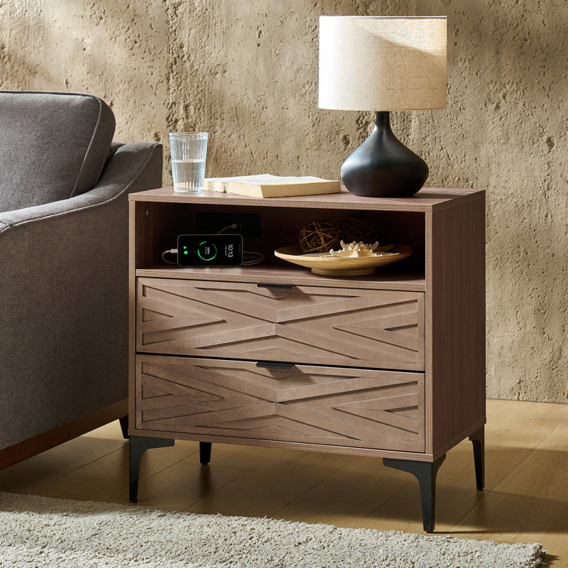 Lindley 28"W Modern 2-Drawer End Table with Charging Port and Open Shelf, Walnut