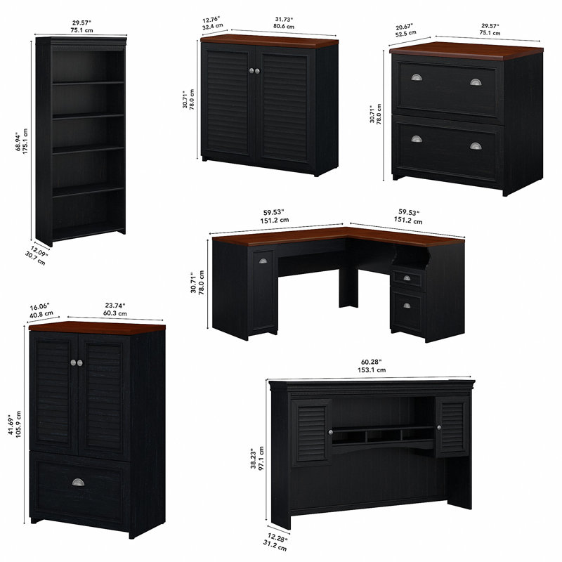 Huckins 5 Piece Computer Desk Office Set, Antique Black/Hansen Cherry