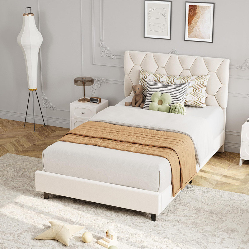 Beige Twin XL Platform Bed with Upholstered Headboard, Adjustable Height, Wood Slat Support, No Box Spring Required