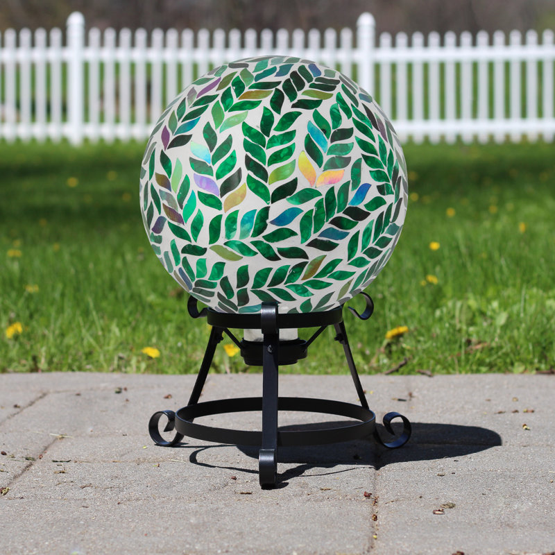 Boule de jardin d'extérieur à feuilles irisées mosaïque 10 po blanc et vert