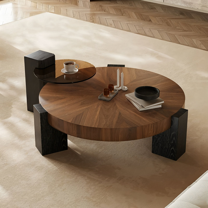 Ensemble 2 pièces table basse et table de bout en bois moderne avec plateau en verre à thé, pieds géométriques