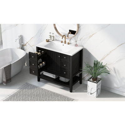 Meuble-lavabo de style moderne noir de 36 po avec lavabo encastré central, armoire en bois massif et tiroirs fonctionnels avec glissières coulissantes en dessous, trois tiroirs, tablette réglable amovible