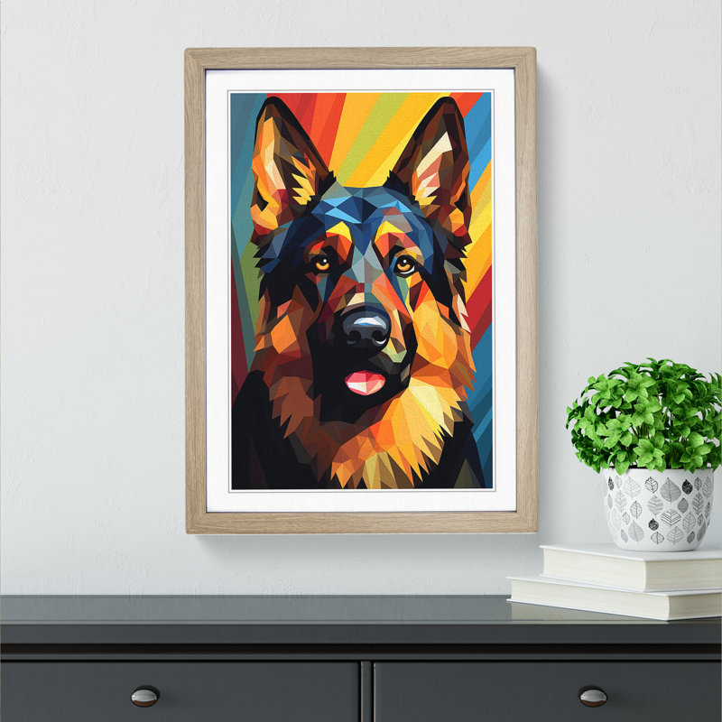 German Shepherd Geometric No.3 - Single Picture Frame Print on Wood, Oak Framed, 64cm H x 46cm W