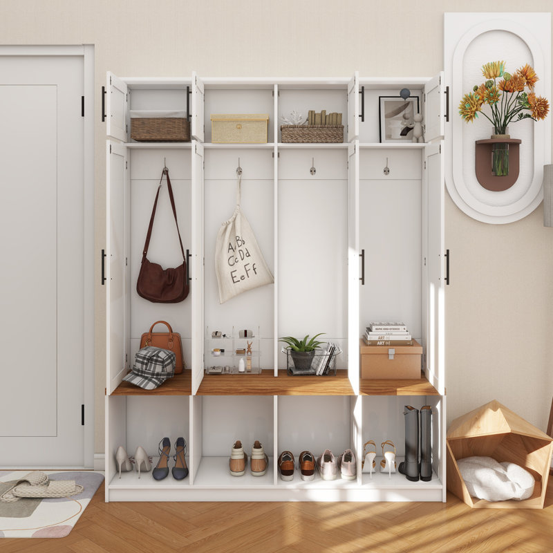 Farmhouse Hall Tree With 4 Hidden Hanging Hooks, Versatile Walnut Seating Bench With 8 Doors, Entryway Shoe Cabinet With Open Compartments For Living Room