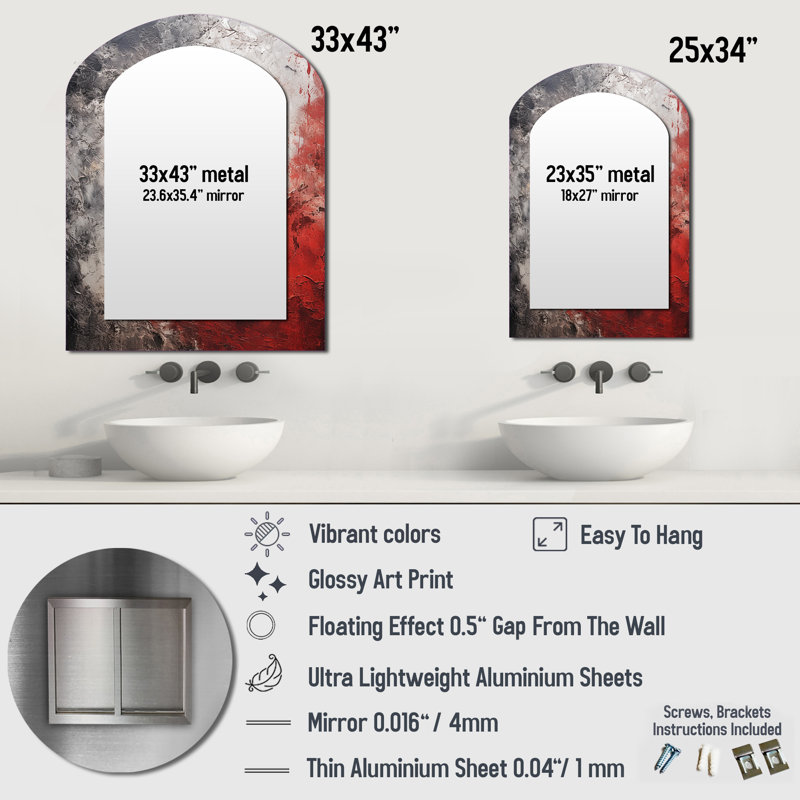 Miroir mural gris et rouge, 34 po x 25 po