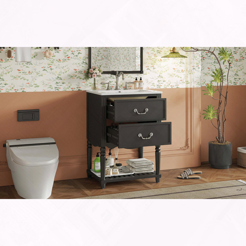 Meuble-lavabo avec lavabo en céramique et rangement Vintage Wave Design, Noir