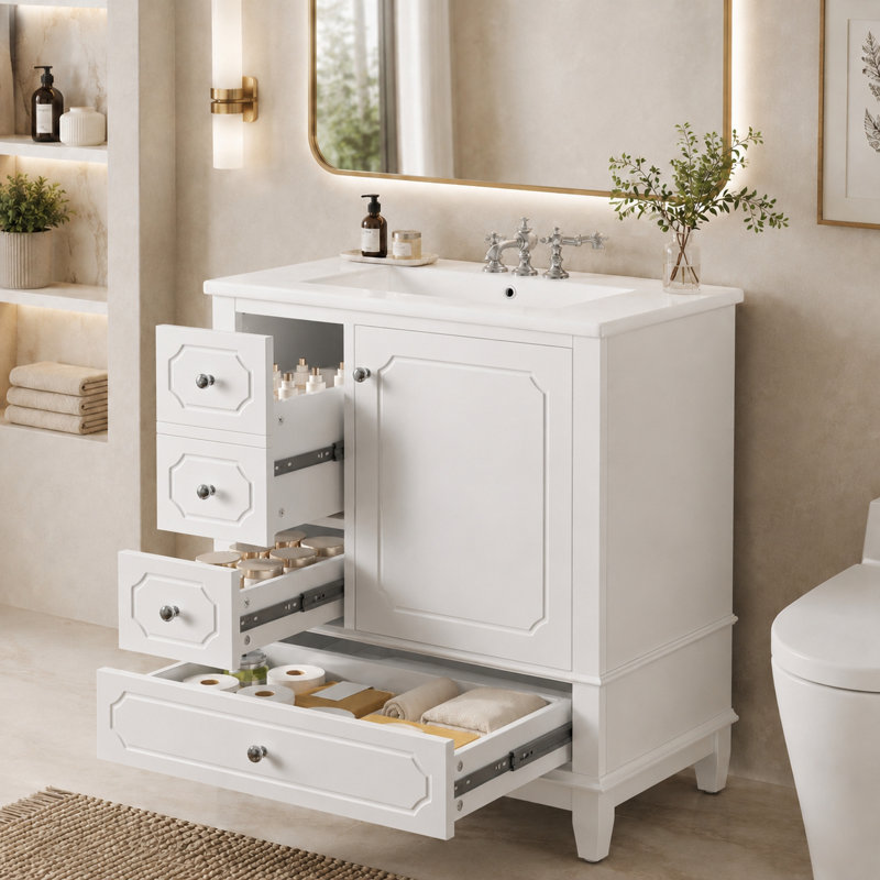 Meuble-lavabo autoportant Velmori de 30 po avec comptoir en céramique et rangement intelligent, White, Polished Chrome
