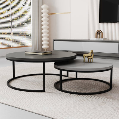 Modern Nesting Coffee Tables Set of 2, Round Walnut Wood Top with Black Metal Frame, Contemporary Living Room Tables 80cm x 60cm Modular Table