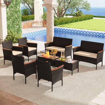 8 Piece Outdoor Patio Rattan Furniture Set Rattan Conversation Set w/ Chairs & Loveseat