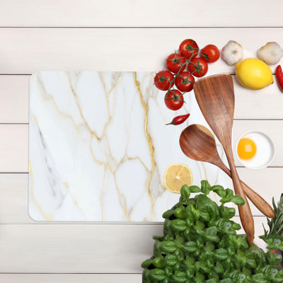 White and Gold Marble Pattern Rectangular Serving Board Made of Durable Glass Material with a Glossy Glass Print Finish Ideal for Kitchen Use