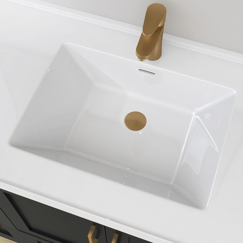 Plateau de meuble-lavabo à surface solide de 42 pouces avec lavabo simple intégré à droite, comptoir épais blanc vif de 2 po, rebord surélevé et dosseret