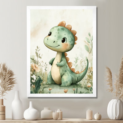 Petit dinosaure vert dans le jardin - Tableau encadré pour chambre d'enfant