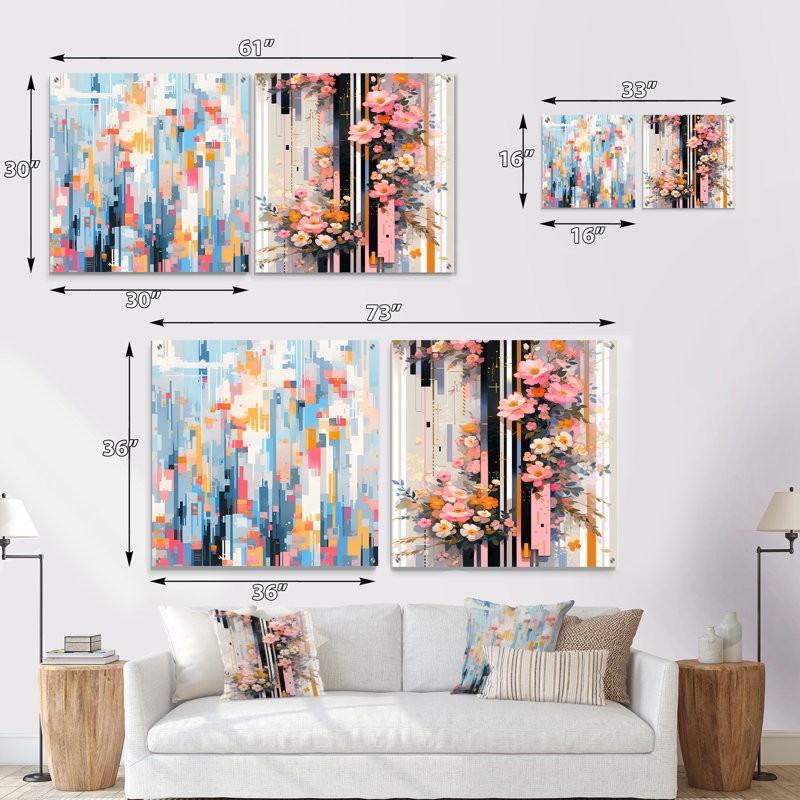 Fleurs de cerisier rose moderne - Bold Stripes I - Art mural en verre acrylique cerise, ensemble de 2, H 36 po x l 73 po