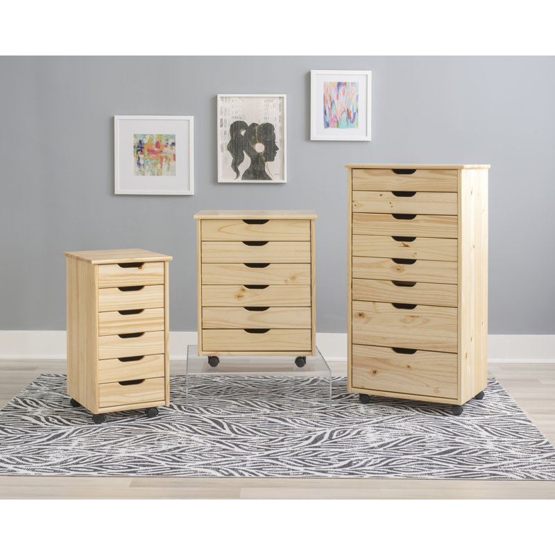 Carrena Solid Wood 6 Drawer Rolling Storage Cart, Natural