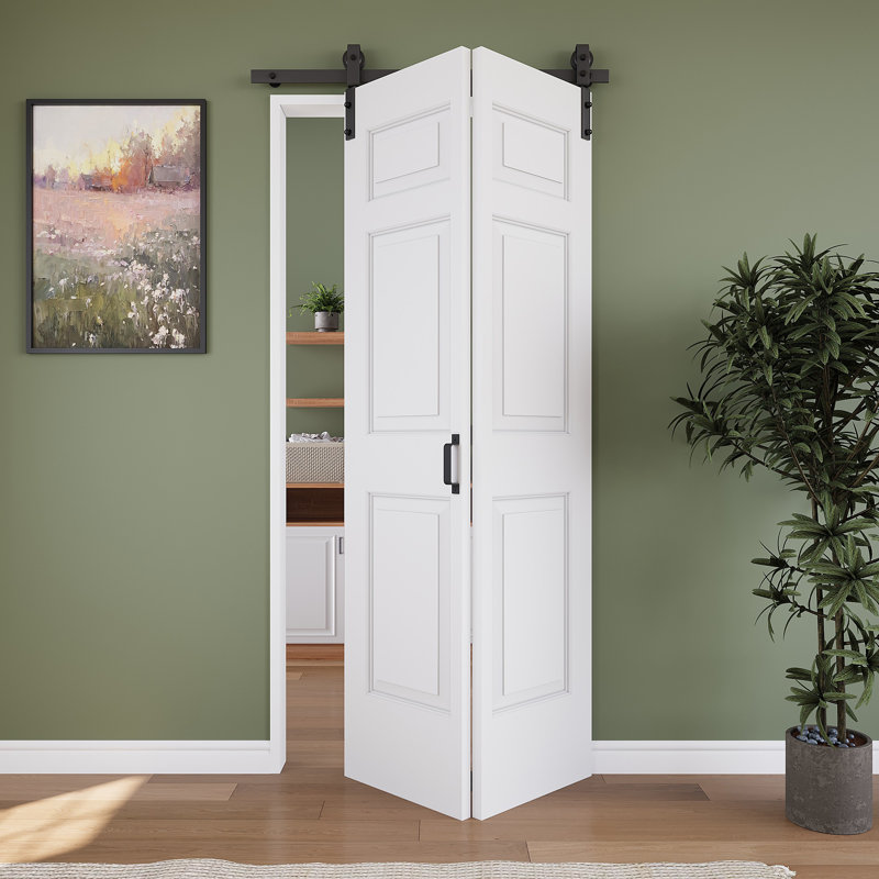 Porte de grange pliante à 6 panneaux, âme creuse, 40 po x 84 po, avec quincaillerie incluse, panneaux de porte préassemblés (idéale pour les armoires, garde-manger, buanderies, salles de bain et autres petites pièces).