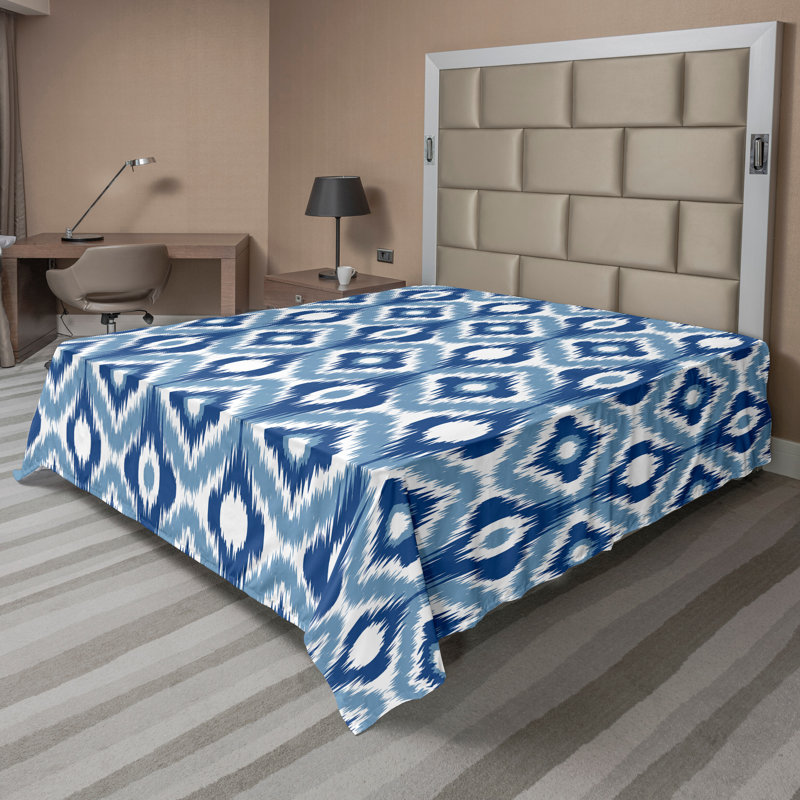 Ambesonne Top Flat Sheet Curving Art, Full Flat Sheet, Dark Blue White Ikat