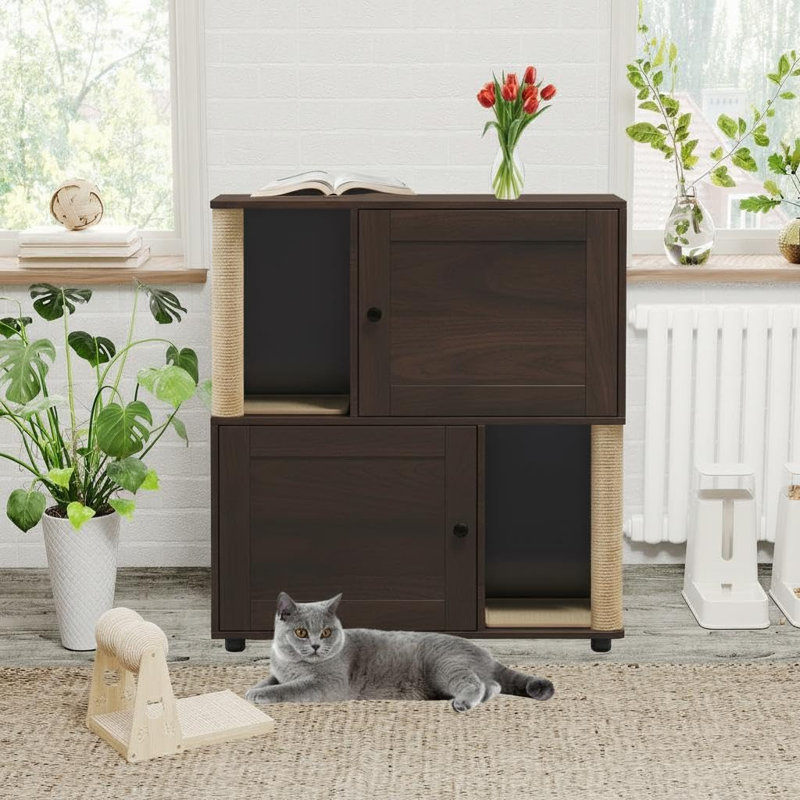 Double Cat Litter Box Cabinet, Hidden Enclosure with Sisal Posts & Mat, Walnut