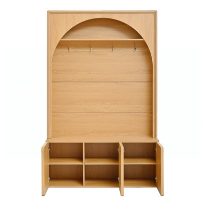 Farmhouse All-In-One Hall Tree With Adjustable Shelves, Retro Arched Entryway Storage Bench With 3 Cabinets, Wooden Coat Rack Organizer With 4 Golden Hooks For Mudroom, Hallway