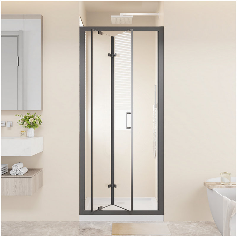 Framed Bi-fold Pivot Shower Door 32"x72" Space-saving Folding Shower Enclosure, 1/4" Clear Tempered Glass with Stainless Steel Handle, Reverible Installation, Black