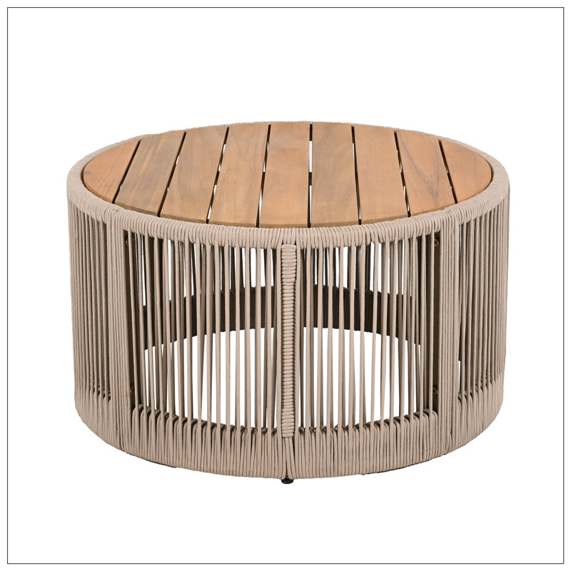 Table basse pour l'extérieur en corde de rotin et bois d'acacia, Beige