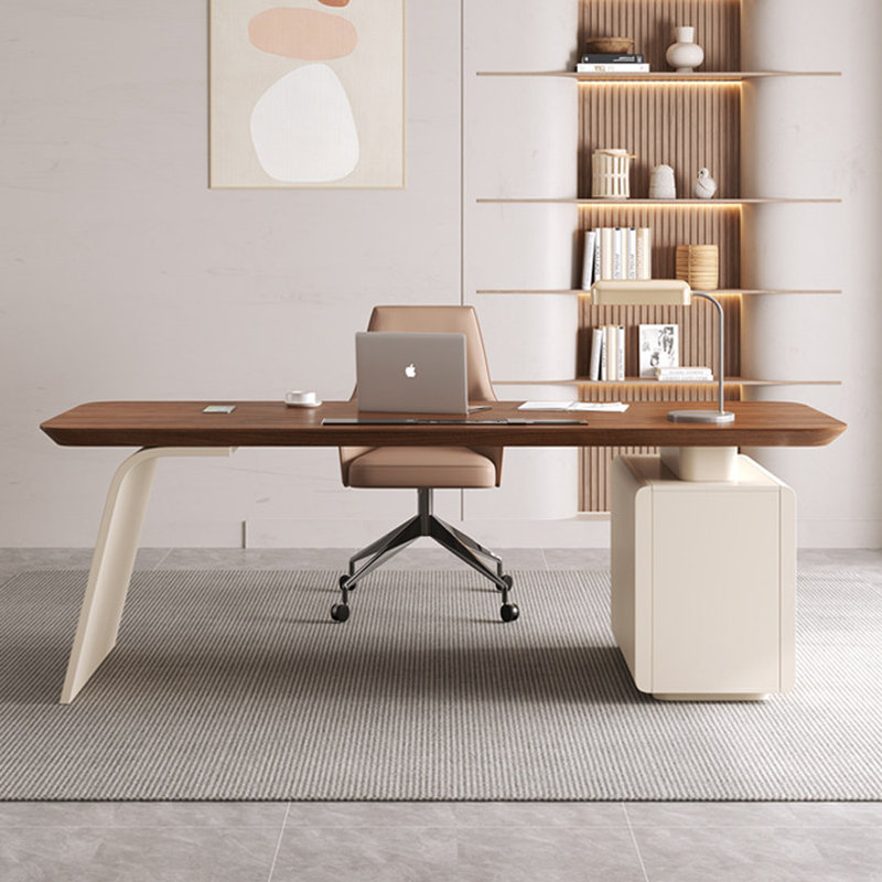 Bureau rectangulaire à 3 tiroirs en bois manufacturé brun noyer + cristal crème, H 29,53 po x l 78,74 po x P 27,56 po