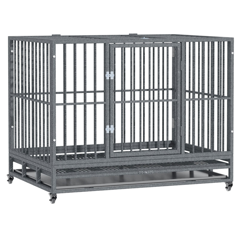 Large Gray Rolling Metal Dog Crate with Double Doors