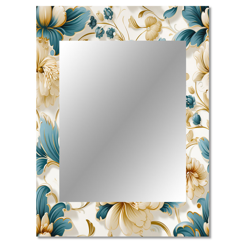 Boorman Victorian Blue And White Flowers Damask - damask  Wall Mirror, Damask Decorative Mirror, Printed Metal Art, 40" x 30"