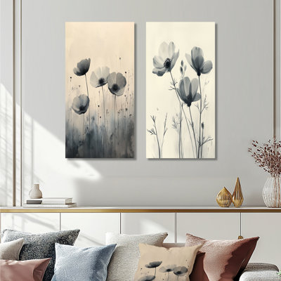 «Silent Wild Bloom» en fleurs sauvages monochromes I - ensemble de 2 décorations murales botaniques en métal gris