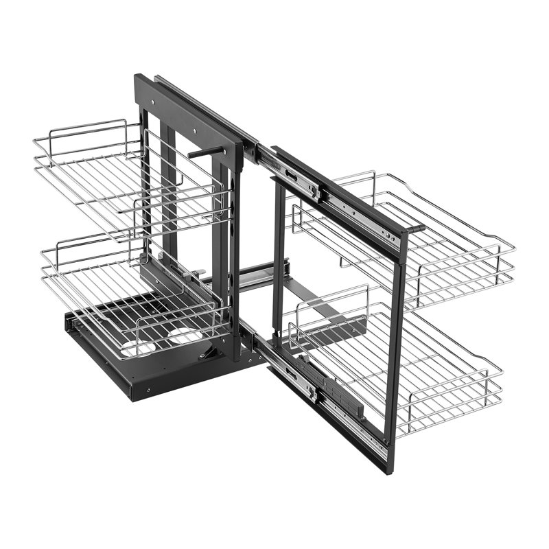 2-Tier Blind Corner Pull-Out Organizer - Chrome Kitchen Cabinet Basket System with 4 Shelves for Maximum Storage