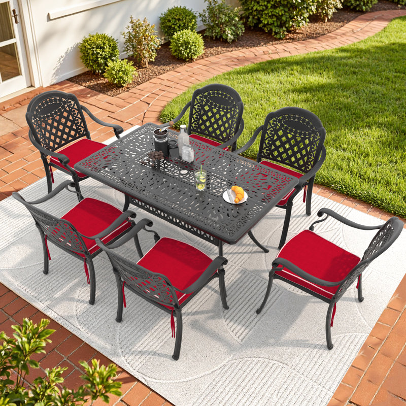  Ensemble repas de patio avec table rectangulaire, coussins rouges inclus, 6