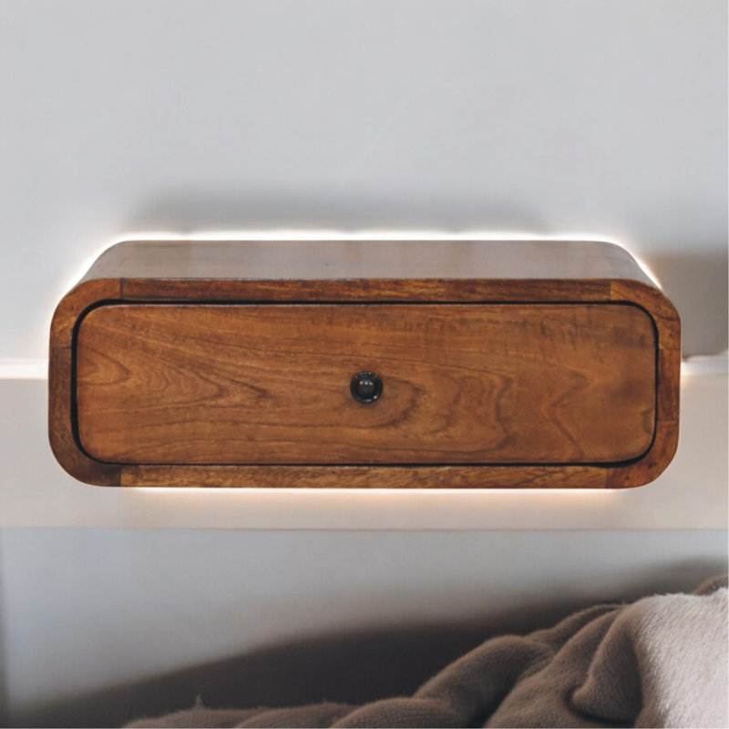 Solid Wood Avora Wall-Mounted Nightstand, 1-Drawer, Honey Caramel, Brown, Brown