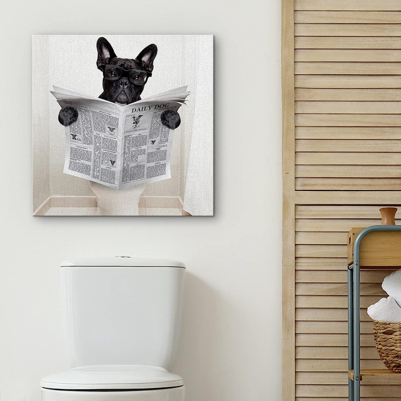 Animaux, mignon, bouledogue français lisant le journal sur la toilette, décoration sur toile, art mural