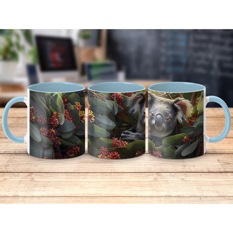Set of 4 Animal Design 11oz Accent Mugs – Ceramic Coffee Cups with a Light Blue Handle and Interior