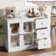 Buffet moderne de 43 po, armoire de rangement avec garde-corps, 3 tiroirs, tablettes réglables, portes en verre trempé, table de salle à manger en bois-406842894