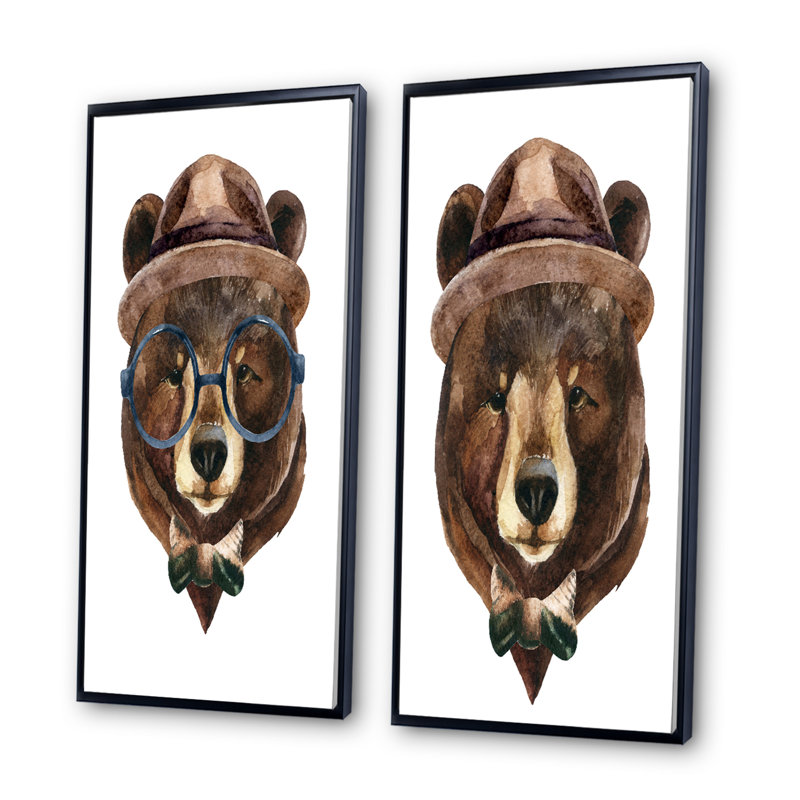 Portrait d'un ours avec lunettes - ensemble de 2 peintures sur toiles, H 32 po x l 32 po x P 1 po, Cadre flottant noir